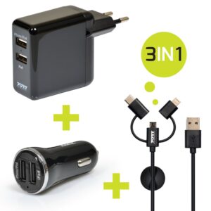 WALL + CAR CHARGER 2 USB + 3IN1 kaabel